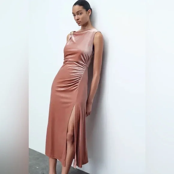 Zara Velvet Blush Color Midi Dress - Picture 3 of 16